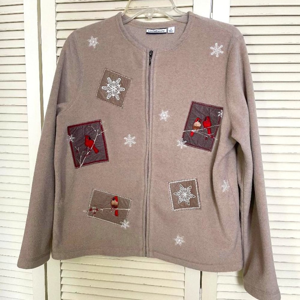 Croft & Barrow Zip Front Fleece Cardigan Women's Small -Winter Birds Snowflakes
